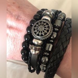 Naga Leather Black obsidian & Hematite Stack Bracelet